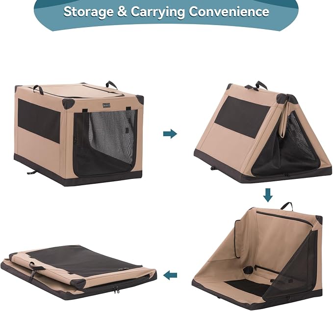 PETSFIT 36" Soft Portable Dog Crate – Patented Spiral Sturdy Frame, Collapsible Travel Kennel for Medium & Large Dogs, 3 Mesh Door, Lockable Zippers, Indoor & Car Use Khaki