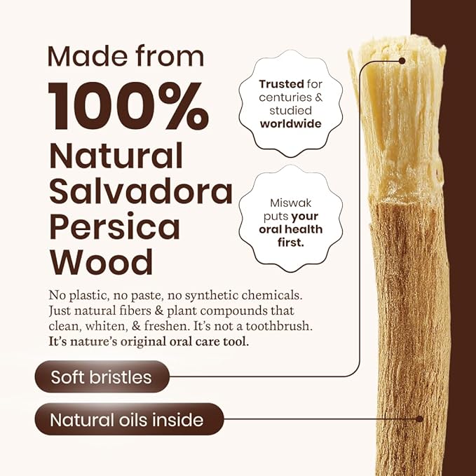 Miswak Sticks, 100% Natural Miswak, Whitens Naturally, Freshens Breath, Miswak Sticks, Traditional Tooth Cleaning Sticks, 3 Months Supply, 1 Pack, 12 Miswak Sticks with Holder.