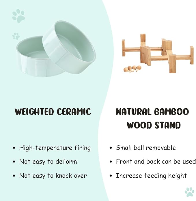 SPUNKYJUNKY 15° Slanted Ceramic Dog and Cat Bowl with Wooden Stand, Tilted Bulldog Food and Water Bowl No Slip Non-Spill for Cats Medium Dogs Big Face Pets 28.7 OZ (3.6 Cups, Morandi Green × 2)