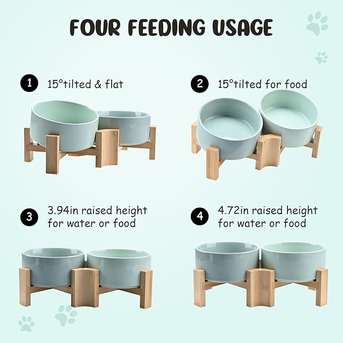 SPUNKYJUNKY 15° Slanted Ceramic Dog and Cat Bowl with Wooden Stand, Tilted Bulldog Food and Water Bowl No Slip Non-Spill for Cats Medium Dogs Big Face Pets 28.7 OZ (3.6 Cups, Morandi Green × 2)