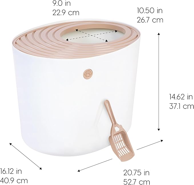 IRIS USA Cat Litter Box Large Top Entry with Lid Enclosed Covered Hooded Design Litter Catching Scatter Shield Pan Dog Proof Pet Proof Scoop Included Odor Control for Indoor Cats Kittens Beige/White