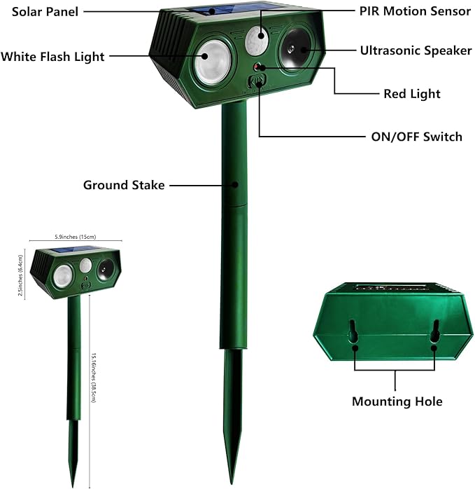 2 Pack 2025 Solar Ultrasonic Animal Repellent Outdoor, Cat Deterrent Deer Repeller with Motion Detection Flash Light for Dog Cat Deer Bird Rabbit Skunk Raccoon Coyote Woodpecker Squirrel, Safe for Pet