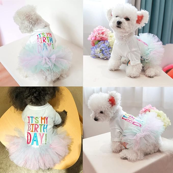 ANIAC Girl Dog Birthday Tutu Dresses Puppy Lace Skirt and Hairpin Cat Birthday Princess Dress Pet Clothes for Cats Small Dogs (Small, White)