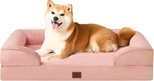 EHEYCIGA Orthopedic Dog Beds for Large Dogs, Waterproof Memory Foam Large Dog Bed with Sides, Non-Slip Bottom and Egg-Crate Foam Pet Couch Bed with Washable Removable Cover, Dusty Pink，35x22