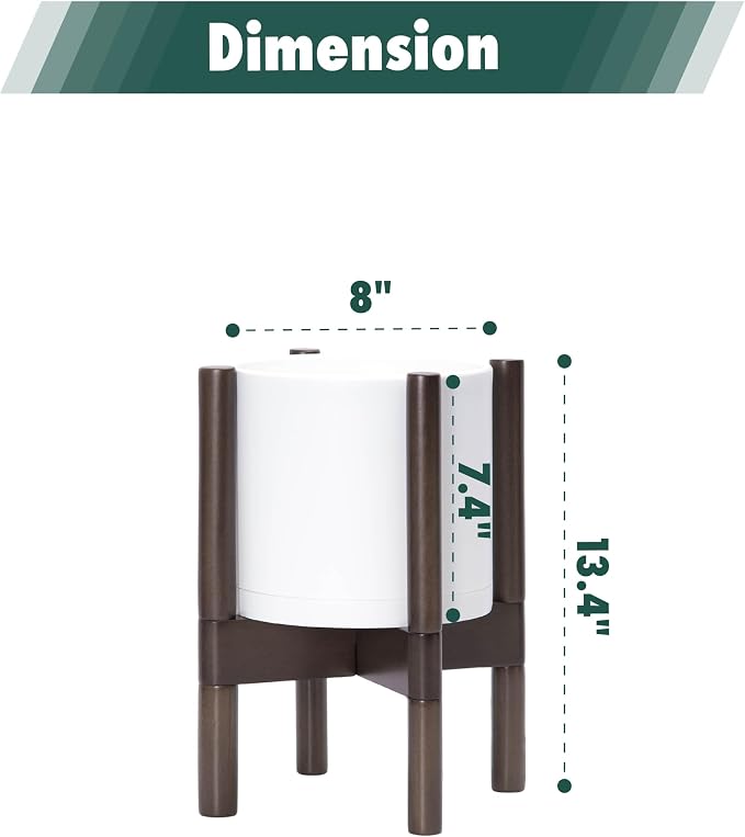 D'vine Dev Plastic Pot with Walnut Wood Stand, White, 8 in, 55-C-I-1 | Mid-Century Inspired Design, Elevated Plant Display, Clean Lines, Sturdy Support, Modern Space-Saving Style