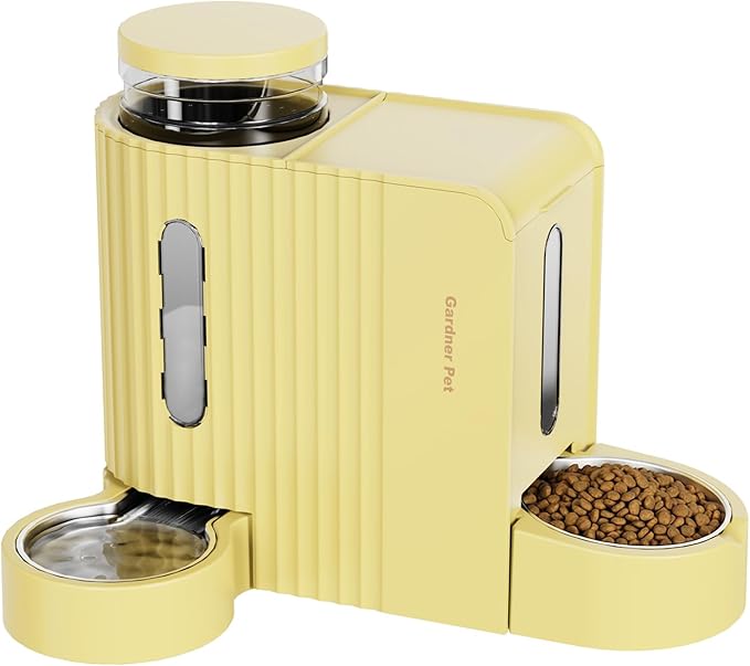 Distributeur automatique de nourriture et d'eau 2-en-1 Gardner Pet, capacité de 3 litres*2, pour chats et chiens, sans BPA, gamelle d'eau en acier inoxydable pour chiens, chats, lapins, chiots (jaune)