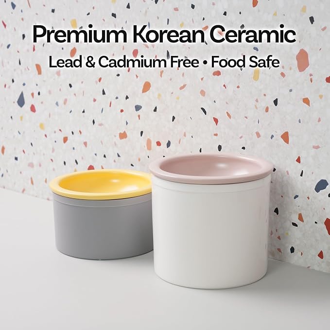 Hello Bowl Elevated Ceramic Cat Bowl with Stand, Raised Whisker-Friendly Feeding Bowl for Cats & Small Dogs, Patented Design, Made in Korea (White, Round Only/Wet)
