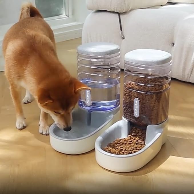 Distributeur automatique de nourriture et d'eau Meikuler pour chiens et chats, ensemble distributeur d'eau et de nourriture par gravité pour chiens et chats de petite et moyenne taille, chiots, grande capacité 3,8 litres x 2 (Gris)