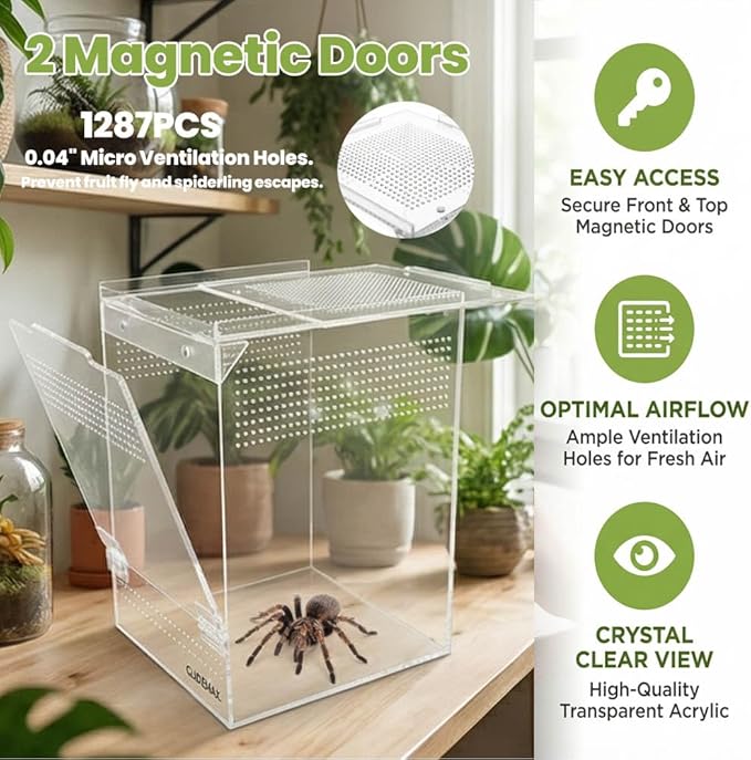 Jumping Spider Enclosure, Acrylic Tarantula Enclosure, 6x6x9 Inch Insect Terrarium with 2 Magnetic Doors, Pre-Assembled Reptile Habitat for Gecko, Mantis, Snail, Lizard, Frog, Hermit Crab, Hatchlings