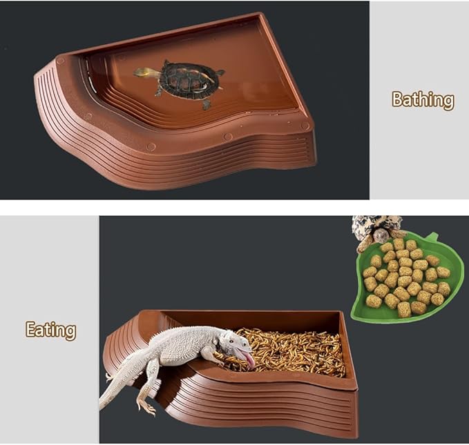 3 Pcs Tortoise Water Dish with Ramp Leaf Tortoise Water Food Bowls Reptile Water Dish Amphibians Habitat Accessories for Lizard Turtle Horned Frog Brown