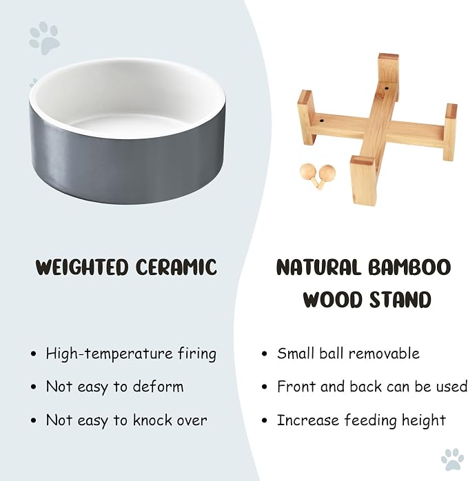 SPUNKYJUNKY 15° Slanted Ceramic Dog and Cat Bowl with Wooden Stand, Tilted Bulldog Food and Water Bowl No Slip Non-Spill for Cats Medium Dogs Big Face Pets 28.7 OZ (3.6 Cups, White-Grey)