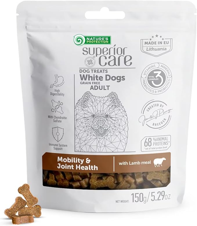 Nature's Protection Grain Free Low Calorie Dog Treats - Treats for Mobility & Joint Health, Training Treats for Small, Medium & Large Breed Adult Dogs with Light Fur (Superior Care - Lamb, 5.29 oz)