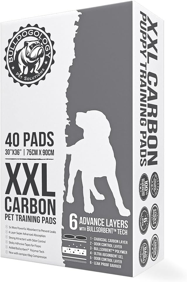 Bulldogology Charcoal XXL Pee Pads for Dogs (30x36) Puppy Pee Pads with Adhesive Sticky Tape - Leak Proof Puppy Pads - Ultra Absorbing Charcoal Dog Pads - Activated Carbon Pee Pads (40-Count)