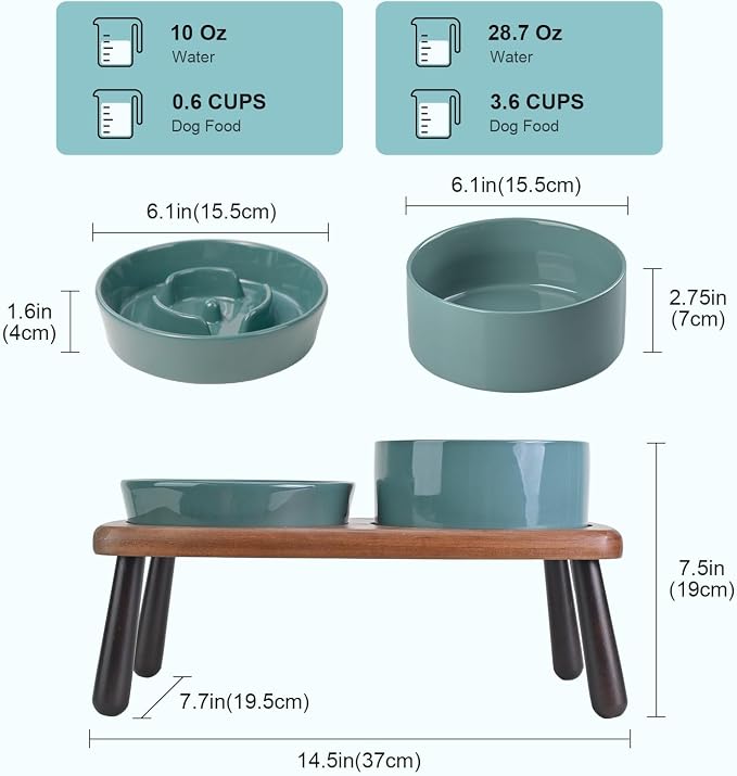 SPUNKYJUNKY Ceramic Elevated Dog Bowls with Slow Feeder Raised with Acacia Bamboo Wooden Stand, 6.1'' Dog and Cat Food Water Bowls Set Non-Slip for Small Medium Sized Breed - Dark Green