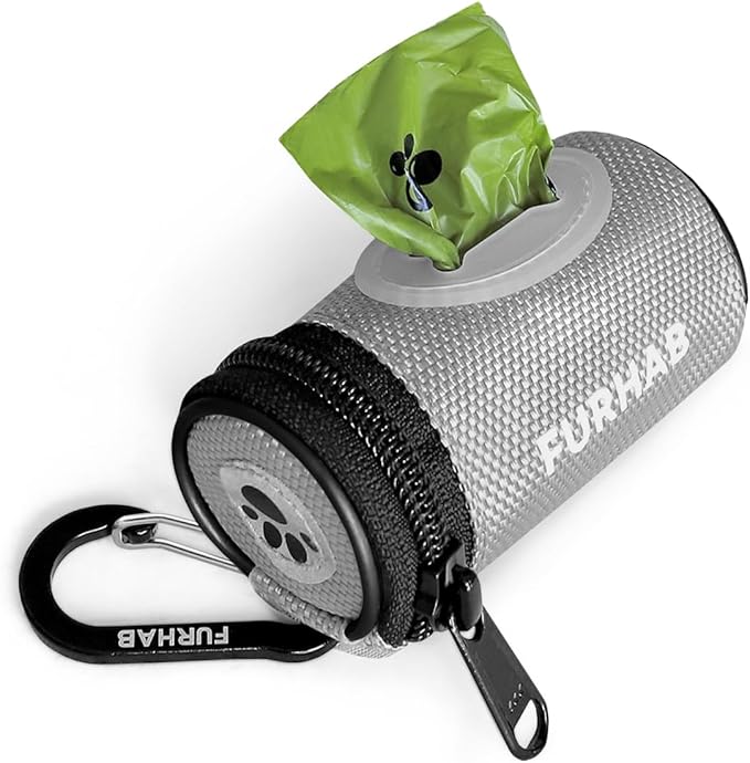 FURHAB Glow Dog Poop Bag Holder for Leash Doggie Waste Bag Dispenser Puppy Potty Carrier Small Doggy Zipper Pouch with Carabiner Clip 1680D Nylon Oxford with 1 Roll of Pet Trash Bags, Silver