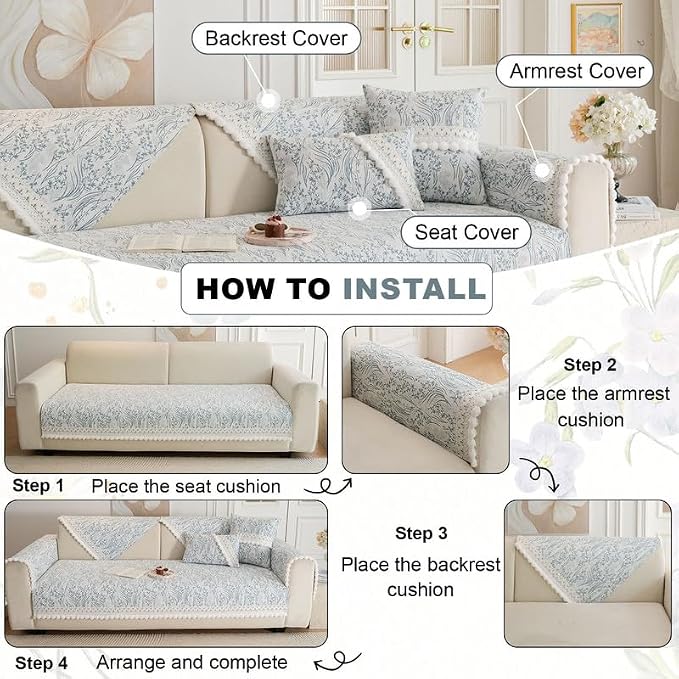 HANDONTIME Floral Chenille Sofa Cover, White Plush Fringed Dog Couch Cover, Jacquard Dog Mat for Couch Sofa, Washable & Anti-Slip Pet-Friendly Furniture Protector for Sectionals (Blue,35.4" x 63")