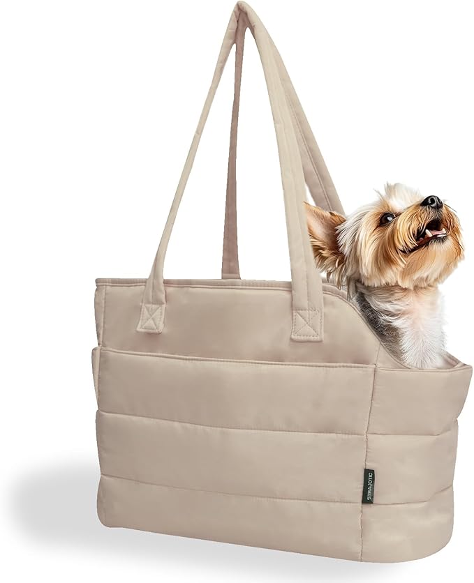 Lightweight Puffy Dog Purse Carrier for Small Dogs, Brown | Quilted Pet Carrier Tote with Safety Leash Clip, Storage Pockets and Removable Base, for Pets Up to 15 lbs, Brown