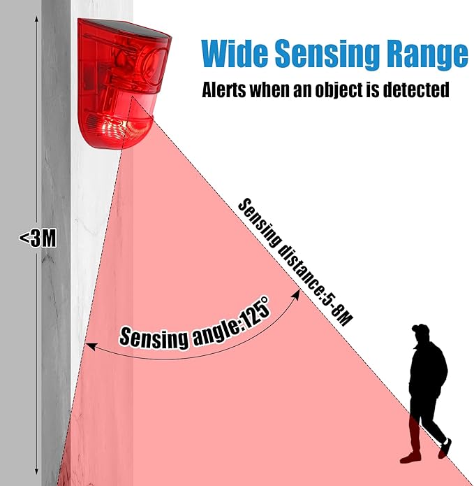 Qualirey 12 Pack Solar Sound and Light Alarm Motion Sensor 129db Outdoor Security Siren Waterproof Motion Activated Detector Alarm 6 LEDs Flash Warning Strobe System for Home, Farm (Red)