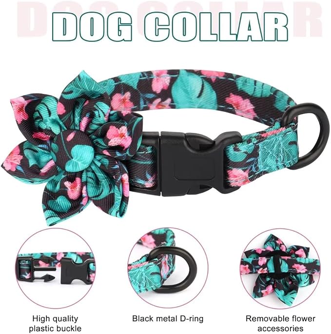 Beirui Cute Dog Collars,Harnesses,Leashes Set, Floral Pattern, Green,XXS | Girl Dog Harness Set with Flower, Adjustable and Soft Mesh Lining, For Puppies Small & Extra Small Dogs Daily Walks