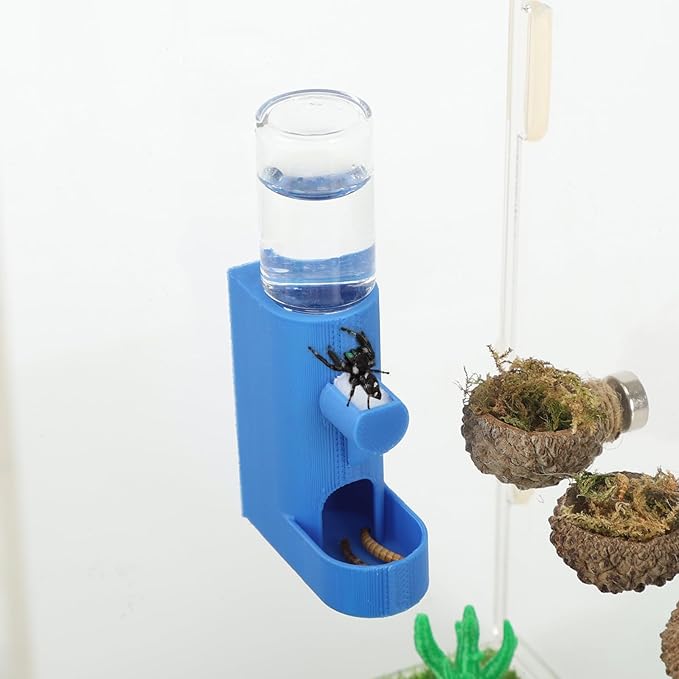 Small Animal Water Feeder, Magnetic Hanging Feeder & Hidden Cave - Accessories for Jumping Spiders, Wolf Spiders, Mantises, Arboreal Animals & Other Small Creatures - 5ML Capacity (Blue)