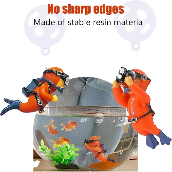2-Pack Tank Decorations, Cute Little Diver, Aquarium Decoration Accessories Ornaments with Float Ball, Playmate for Tank Suitable for All Kinds of Fish and Tanks (Orange)