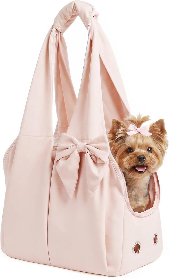 Fashion Dog Purse Carrier for Small Dogs and Cats, Soft-Sided Puppy Tote Bag Under 15 lbs, Lightweight Pet Carrier with 4 Pockets, Smart Zipper Lock, Pet Travel Bag for Travel Outdoor(Pink)