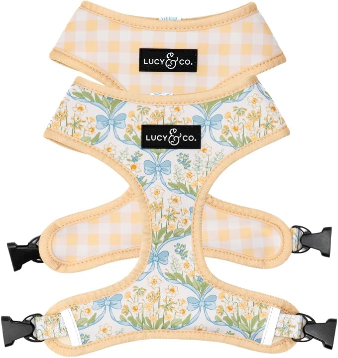 Lucy & Co. Reversible Dog Harness - Water-Repellent Neoprene, Dual-Print Design, Easy Swap Style, Adjustable Comfort Fit - Sunshine Daffodils Reversible Harness - Large