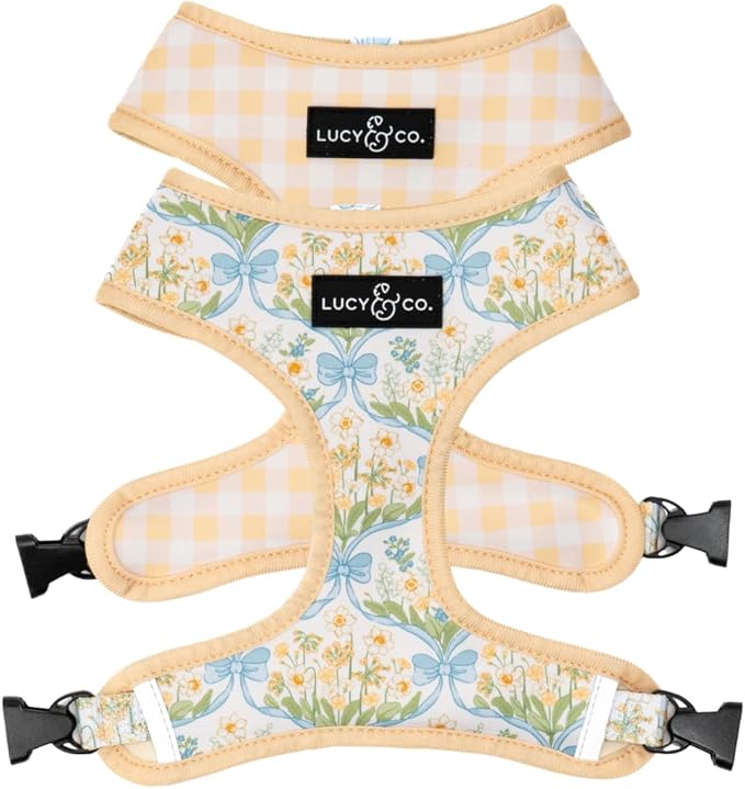 Lucy & Co. Reversible Dog Harness - Water-Repellent Neoprene, Dual-Print Design, Easy Swap Style, Adjustable Comfort Fit - Sunshine Daffodils Reversible Harness - X-Small