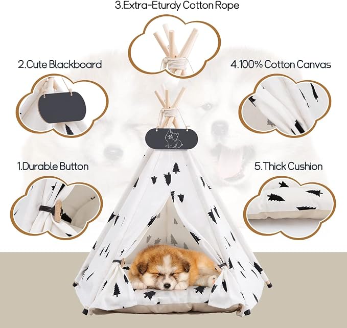 Pet Teepee Tent for Dogs & Cats Dog Bed with Thick Cushion Puppies Play House Removable and Washable