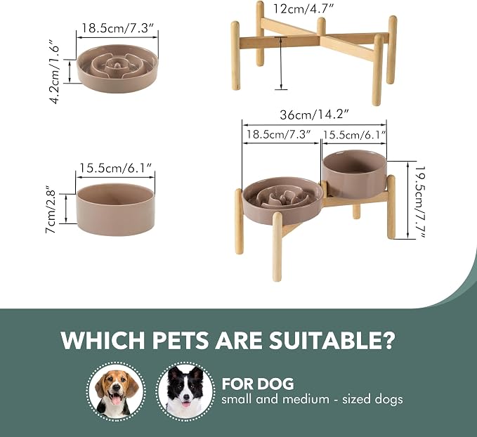 Havniva Elevated Slow Feeder Dog Bowls, Ceramic Dog Bowl Slow Feeder Set | 1.2 Cups Raised Slow Feeder Dog Bowl for Small Breed, 6.1” Dog Water Bowl with Wooden Stand, Puzzle Dog Food Bowl, Non-slip