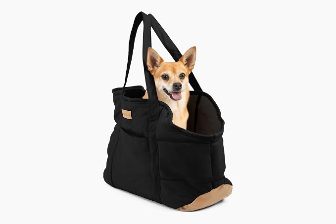 Plush Dog Purse Carrier for Small Dogs, Soft Tote Bag with Safety Harness Clip, Cozy Pet Carrier for Dogs Under 15 lbs, Comfortable Shoulder Carrier for Travel, Black 2.0