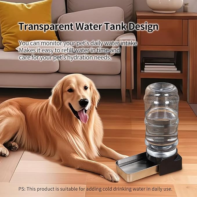 PAKEWAY 2.4 Gallon Gravity Dog Water Dispenser for Large Dogs and Multi-Pet Homes, Automatic Pet Waterer with Stainless Steel Bowl, Transparent Tank and 3 Filters, 9L