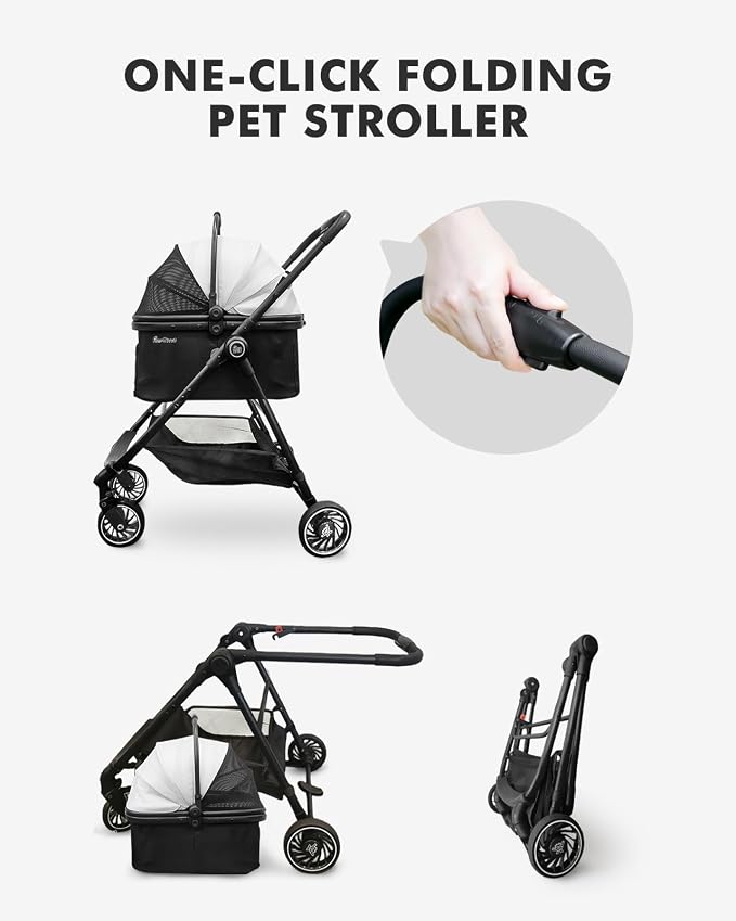 Pet Stroller for Small Dogs and Cats, One-Click Foldable Dog Stroller with Detachable Carrier & 3 Safety Tethers, Holds up to 33 lbs, Storage Basket & Cup Holder, Breathable Mesh, Black