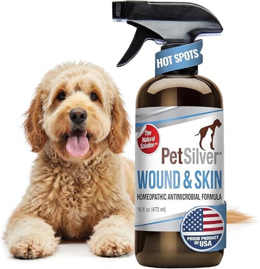 PetSilver Wound & Skin Spray - Dog Wound Spray, Hot Spot, Allergy Relief for Dogs, Itch Spray for Cats - Natural Skin Soother - Chelated Silver, Superior to Colloidal Silver - Made in USA - 16 fl oz