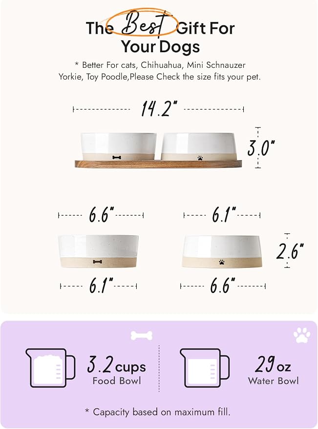 LE TAUCI PET Ceramic Dog Bowls for Medium and Small Dogs - 3.2 Cup Weighted Non-Slip Food and Water Bowls with Acacia Wood Tray, Pet Bowl Set of 2