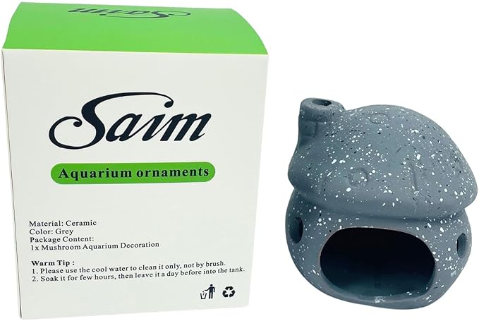 Saim Aquarium Decorations Mushroom House Ceramic Cave, Betta Fish Hideout Breeding Mushroom Cave Fish Tank Ornaments for Amano Shrimp Cichlid Bonsai to Play, Hide and Rest - Grey