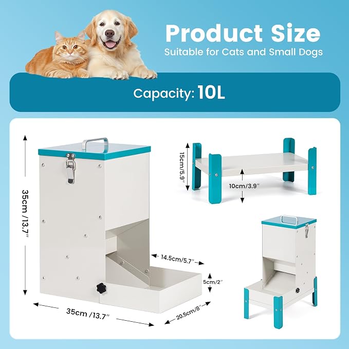 Automatic Cat Feeder, Elevated Dog Bowl Food Dispenser Gravity | 10L Galvanized Automatic Dog Feeder Elevated Cat Feeder Removable Feeding Tray Raised Pet Feeder for Dogs and Cats