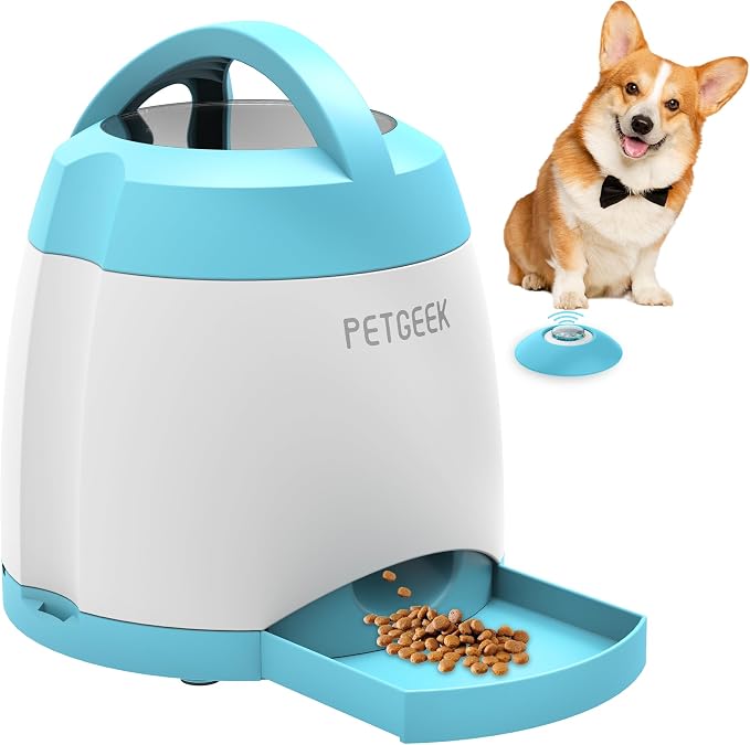 PETGEEK Automatic Dog Treat Dispenser, Interactive Pet Toy Food Dispensing for IQ Training, Dog Food Dispenser with Button Remote Push, Dual Power Supply for Indoor Outdoor Use, Blue | Automatic Food Dispenser Blue Color, Dual Power Supply, Remote Butt...