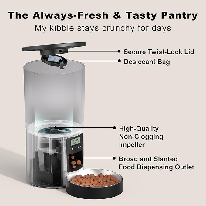 Automatic Cat Feeder 4.2L,6 Meals/Day,Dual Power Portion Control Feeder,Dry Pet Food Auto Dispenser,Timer Setting,10S Voice Record (Transparent Black, Stainless Steel Bowl)
