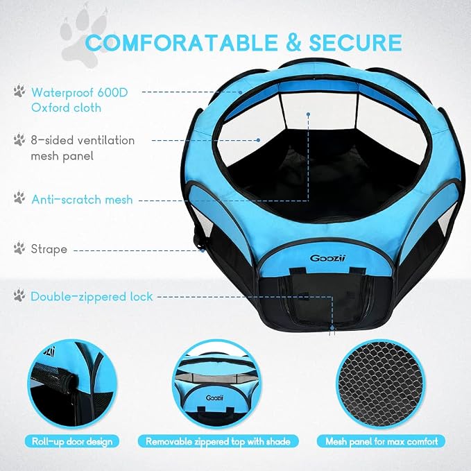 GOOZII Portable Dog Playpen Indoor Outdoor, Collapsible Pet Dog Playpen with Zipper Top Cover, Cat Puppy Bunny Kitten Exercise Play Pen Tent for Beach RV Car (Medium Size,Black Blue)