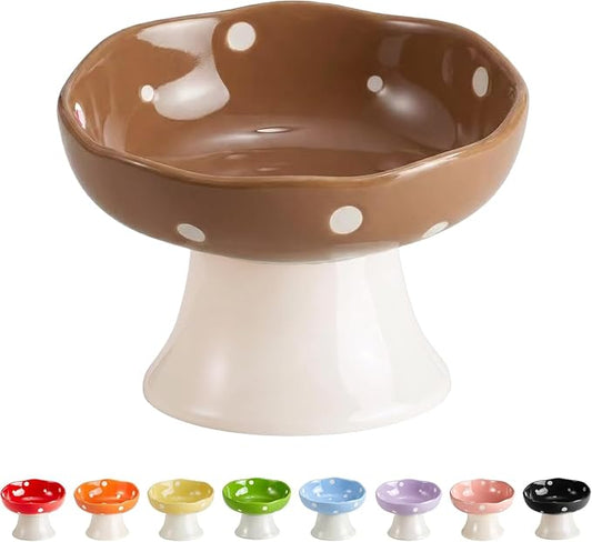 Brown Mushroom Cat Bowl, Elevated Ceramic Bowl for Cats | Cute, Elevated, Ceramic, Whisker Friendly, Dishwasher Safe