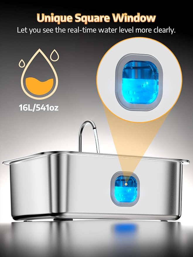 4.2Gal Dog Water Fountain for Large Dogs, 16L Stainless Steel Large Dog Fountain Water Bowl with Deeper & Wider Drinking Tray, Automatic Pet Water Dispenser with Visible Window (with 3 Filters)
