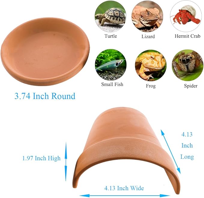 2Pcs Terracotta Reptile Hide and Feeding Bowl Set, Terra Cotta Clay Hideout and Food Water Feeder Dish for Lizard Leopard Gecko Hermit Crab Terrarium Tank Accessories