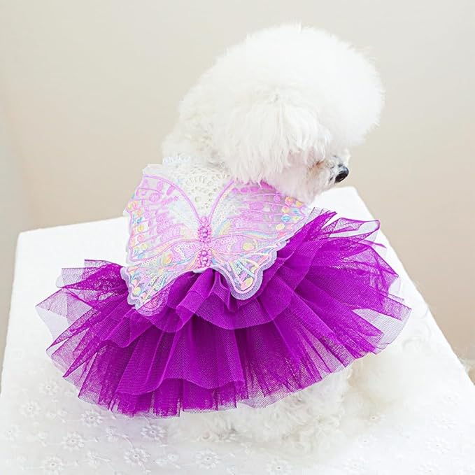 ANIAC Butterfly Dog Dress with Purple Tutu Funny Pet Clothes with Wing Girl Puppy Dress for Small Dogs Pet Butterfly Costume Holiday Cat Outfit for Halloween Birthday Wedding (Purple, Medium)