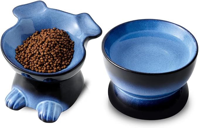 Nihow Dog Food & Water Bowls: Elevated Ceramic Bowls for Medium/Small Dog | Food Safe Raised Puppy Bowls - Vivid Blue Pet Bowl for Protecting Pet's Spine (Set of 2)