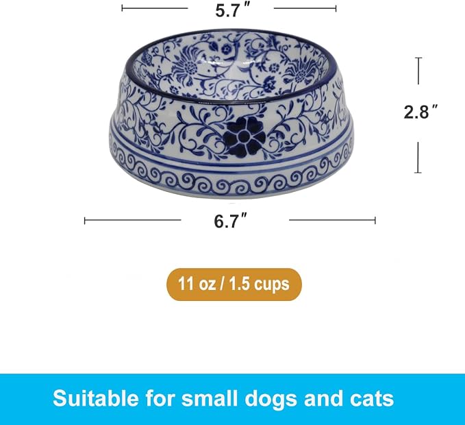 Aimusego Ceramic Dog Bowl 6.7" for Small Dogs and Cats Porcelain Chinoiserie Food and Water Bowls Dish for Pet, Pet Feeder Bowl, Microwave & Dishwasher Safe, Blue & White Floral