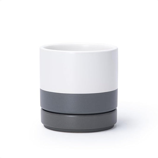 D'vine Dev 4.7 Inch Ceramic Planter Pot, White Grey, 94-O-B-6 | Modern Cylinder Design, Drainage Hole & Saucer Included, Stable Structure, Elegant Home Accent