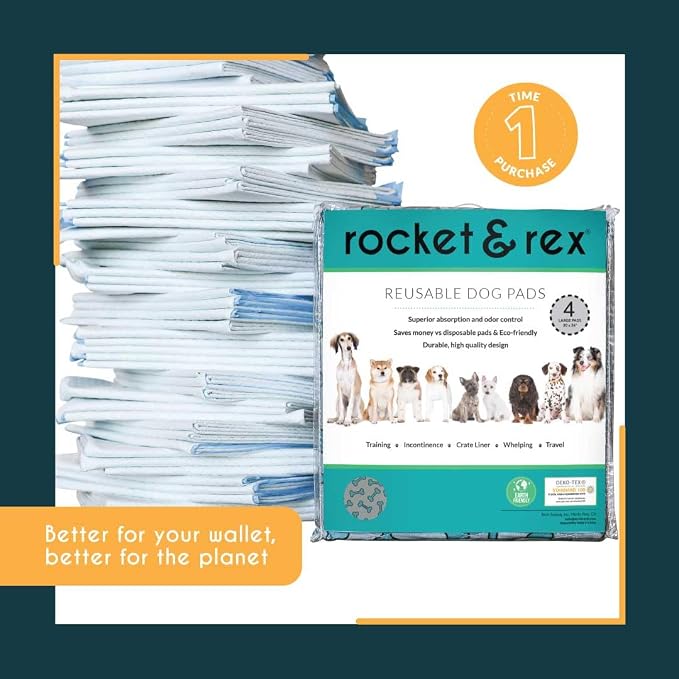 rocket & rex Washable Dog Pee Pads, Leak-Proof (Large, 30x36, 4pk) | For potty training, whelping, crate lining & more. Waterproof, Absorbent, OEKO-TEX certified, chemical-free.