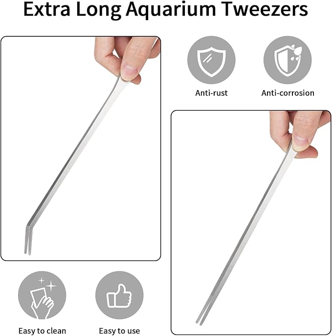Fri4Free 2PCS Long Aquarium Tweezers - 10.6" Straight and Curved Tweezers, Stainless Steel Reptile Feeding tongs, Terrarium Aquascape Tools Feeder for Lizards, Bearded Dragon Snake Tank Accessories