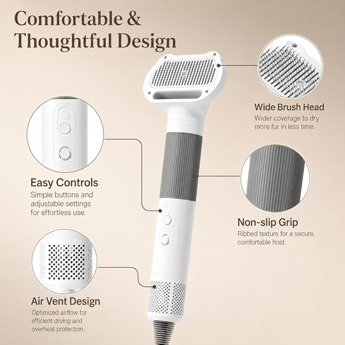 Pet Hair Dryer with Grooming Brush, Dog Blow Dryer, 3-in-1 Cat Blower, Grey | 110,000 RPM Pet Blower with One-Click Hair Removal, 3 Heat & 2 Speed Settings for Professional Home Grooming